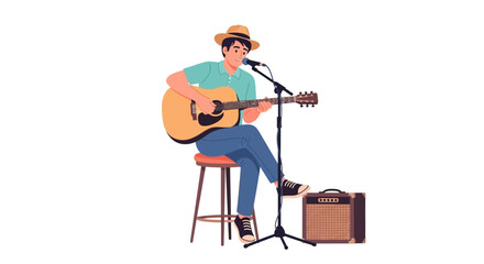 Male musician playing acoustic guitar and singing into microphone on stage.