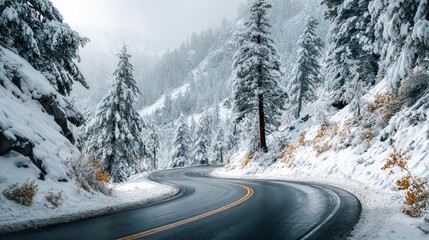 Winding road meanders through a snow-covered mountain pass, flanked by tall, frosted evergreen trees in a wintery landscape
