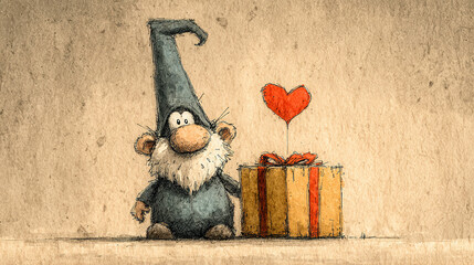 Cute gnome with a heart-shaped balloon and a gift box.