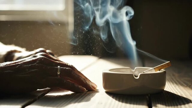 Aged hand with ring rests near a glowing cigarette in an ashtray. Delicate smoke billows in sunlight, highlighting dust, portraying quiet