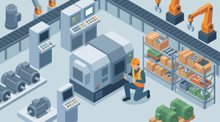 Obraz premium Isometric Factory Floor Illustration: Engineer Inspecting Automated Manufacturing Process with Conveyor Belts and Robotic Arms