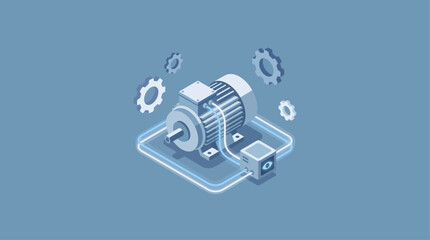 Isometric Electric Motor & Gears Illustration for Manufacturing, Automation and Engineering Solutions, Industrial Technology Design
