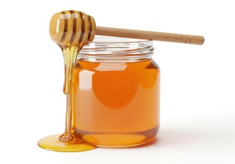 Jar of golden honey with a dripping dipper isolated on white background