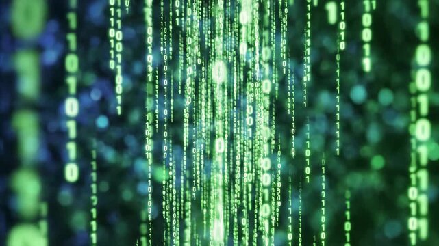 Digital matrix code rain with green binary digits falling against a dark, blurred background, 4k high quality video
