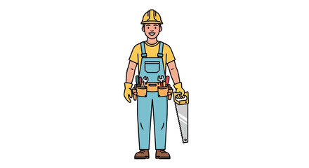 Cartoon construction worker holding a saw and wearing a tool belt.