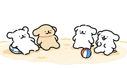 Obraz premium 海辺でビーチボールを囲んで楽しむ可愛いキャラクターたちの夏休み