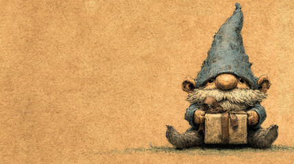 Cute gnome character holding a wrapped gift, with a cheerful expression.