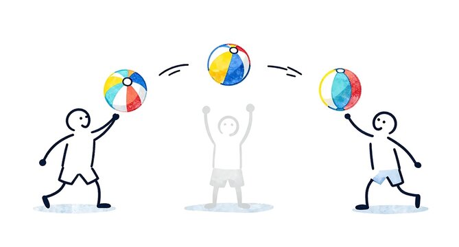 ビーチボールを投げ合う躍動感のある線画イラスト,夏の楽しみ