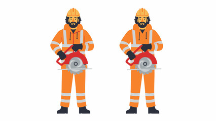 Obraz premium Two workers in orange uniforms operating chainsaws on a white background