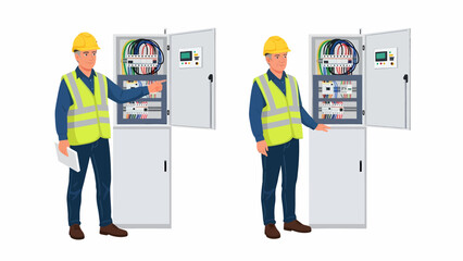 Two technicians in safety gear inspect electrical panels in a industrial environment