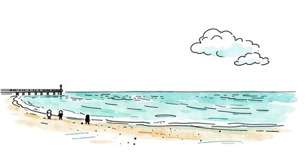 Fototapeta premium 青い海と桟橋が広がる開放的な夏のビーチ風景イラスト