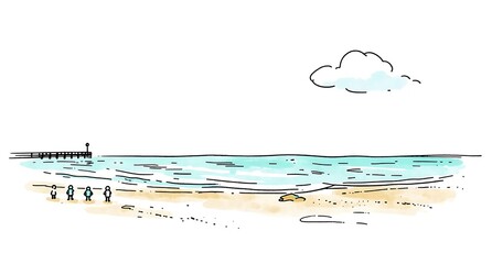 Naklejka premium 桟橋と青い海が広がる静かな夏のビーチ風景