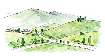 自然に囲まれた丘の上の家と続く道ののどかな風景