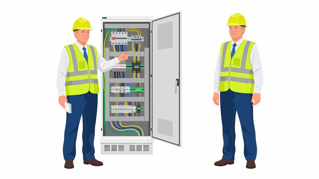 Technicians inspecting electrical control panel with visible circuitry and wiring inside industrial equipment cabinet