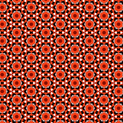 Bright modern design seamless geometric pattern with hexagonal flowers and mixed rounded geometric shapes Red, white and black colors