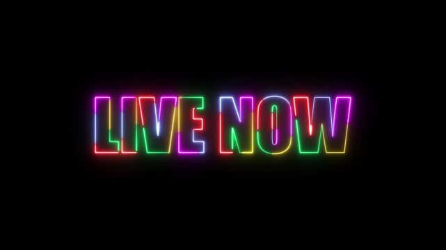 Live Now Five Color Neon Glow Retro Glitch Text Animation on Black Background, Vibrant Futuristic Streaming Announcement Typography with Digital Flicker Effect for Live Broadcast, Social Media, Gamin