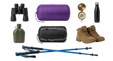 Camping gear essentials including binoculars sleeping bag water bottle hiking shoes and trekking