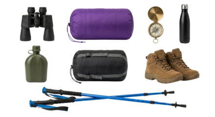 Camping gear essentials including binoculars sleeping bag water bottle hiking shoes and trekking