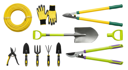 set of gardening tools including gloves hedge shears and watering hose isolated transparent