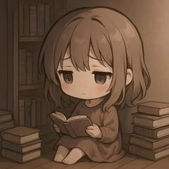 A beautiful, sad young woman in the library.