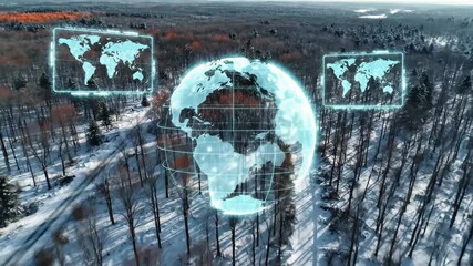 Aerial view of a snowy forest with holographic global network interface and world maps, 4k high quality video - Powered by Adobe