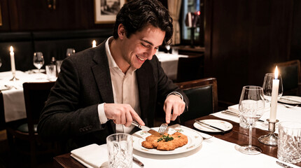 Dining Delights: A person enjoying an intimate meal at a fine dining establishment, focusing on the refined pleasure of the culinary experience.