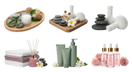 Relaxing spa and wellness essentials arranged on black background isolated transparent background