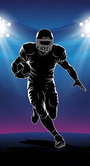 American Football Player Silhouette Running with Ball Under Stadium Lights.