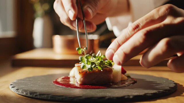 A professional chef meticulously garnishes an exquisite gourmet dish with fresh vibrant microgreens using precision tweezers in a warm fine dining