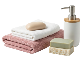 luxury spa essentials in minimalistic arrangement isolated on clean background with towels soap
