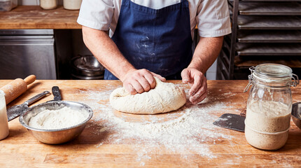 Artisan Bread Making: An expert baker, his hands kneading dough on a rustic wooden table, embodying the tradition of crafting a perfect loaf of bread. A symbol of culinary art and old-world charm.