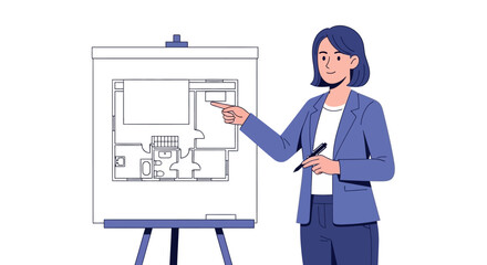 Woman presenting architectural blueprint on easel.