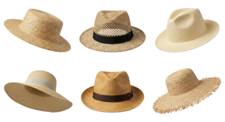 Collection of stylish summer hats with natural woven textures and wide brims isolated on