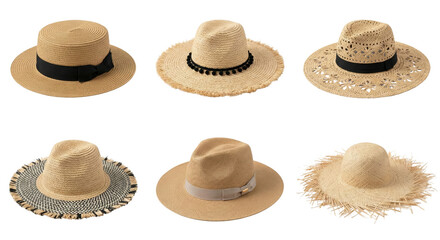 Collection of stylish sun hats with diverse designs and elegant embellishments isolated on