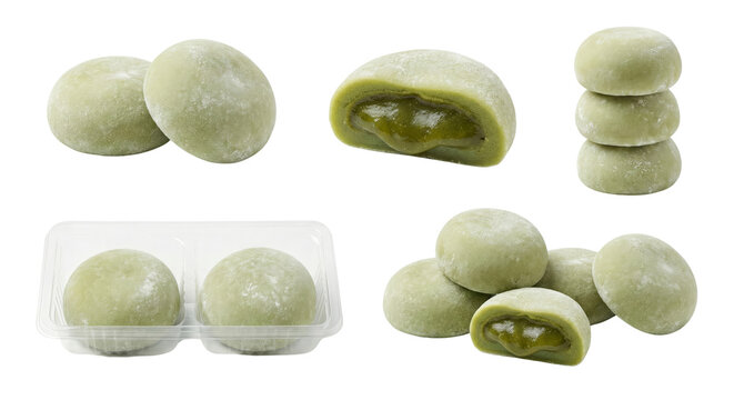 assorted mochi desserts with green tea filling isolated on transparent background