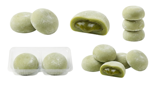 assorted mochi desserts with green tea filling isolated on transparent background - Powered by Adobe