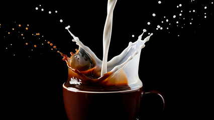 Pouring creamy milk into rich dark coffee creating a delightful splash against a black background, a perfect morning beverage