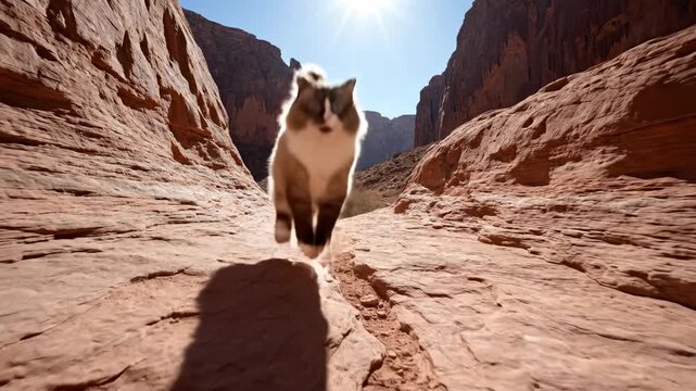 Cat's Canyon Adventure: A fluffy cat fearlessly explores a majestic canyon, bathed in the golden sunlight. The scene captures the spirit of adventure and the raw beauty of the natural world.
