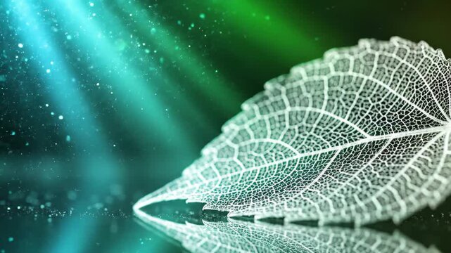 Macro shot of a delicate white leaf skeleton structure with blue and green light rays and sparkling particles, 4k high quality video