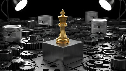 Golden King Chess Piece Illuminated as a Symbol of Strategic Leadership and Central Authority, Dominating a Complex Landscape of Gears and Pistons, Representing Precision and Power
