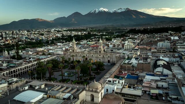 Basilica Cathedral of Arequipa at Plaza de Armas in Peru. Drone hyperlapse