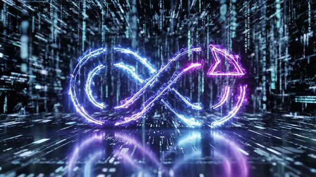 Neon infinity symbol with arrows in digital matrix environment, 4k high quality video