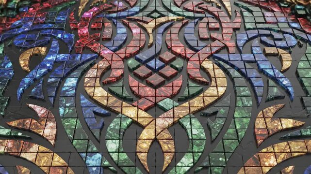 Stained Glass Mosaic:  A vibrant stained glass mosaic radiates a kaleidoscope of colors, intricate pattern forming an abstract design, creating a visual feast. 