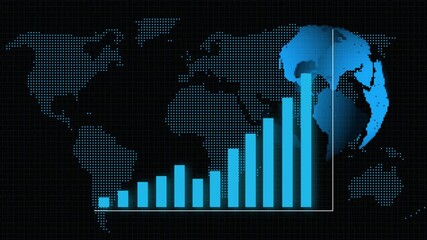 Blue Dotted World Map Globe and Growing Bar Chart Data Visualization earth digital - Powered by Adobe