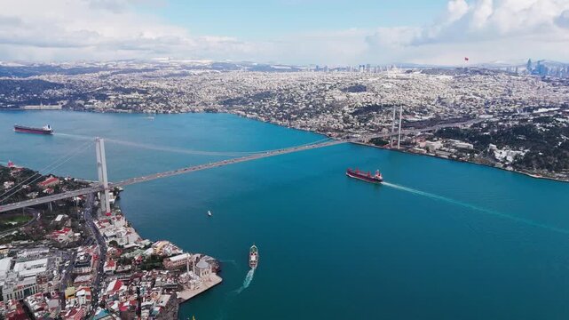 Drone video of a cargo ship passing under the Istanbul Bosphorus Bridge, filmed from above.