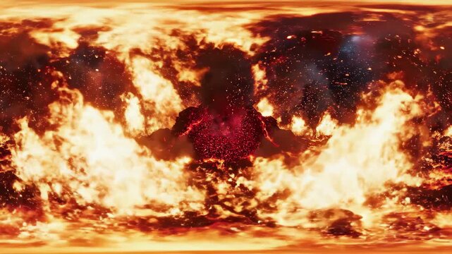 Epic 360 panorama of hellish fire storm and erupting lava mountain under dark, fiery sky, 4k high quality video