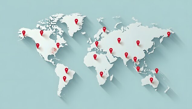 Stylized world map illustration with numerous red location pins scattered across continents and islands representing global distribution and travel destinations