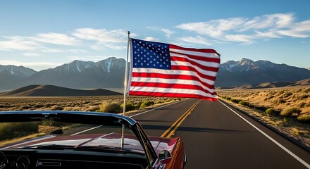 American road trip with flag and mountain views.