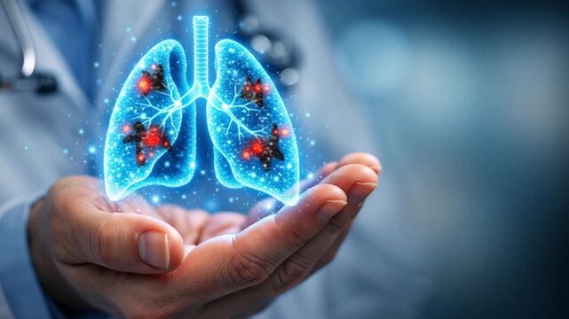 Medical hologram health technology longevity biohacking lungs respiratory anatomy visualization digital healing concept glowing projection doctor empathy futuristic respiratory care and treatment