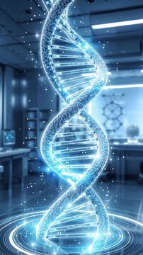 Medical hologram health technology longevity biohacking glowing DNA helix holographic genetic research in futuristic laboratory radiating blue light medical research and wellness innovation